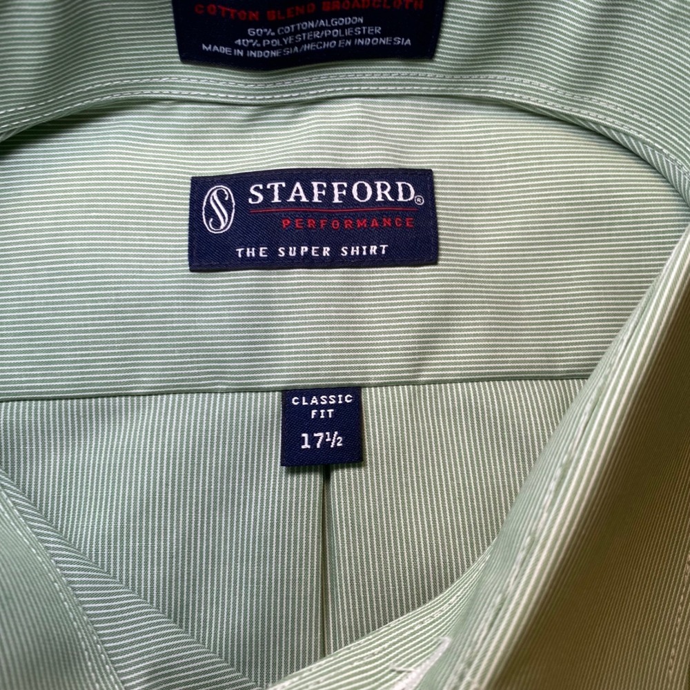 Stafford Performance Super Shirt Mens 17.5 Green White Stripe Classic Fit NWT - Picture 3 of 10
